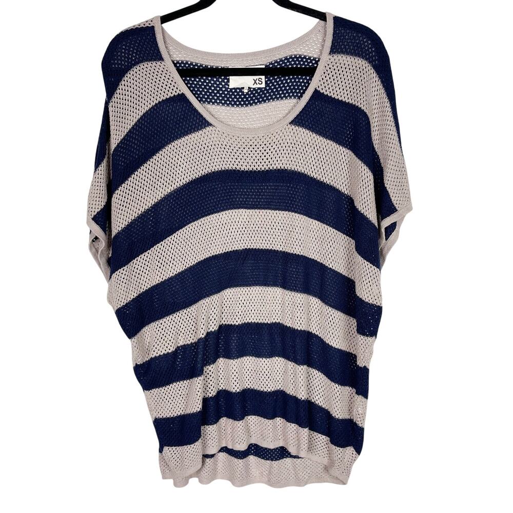 Rag & Bone Womens XSmall Cream Blue Bold Stripe Open Knit Sweater Short Sleeve